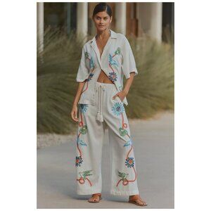 Celandine | Embroidered Linen Blend Wide-Leg Pants | NWT